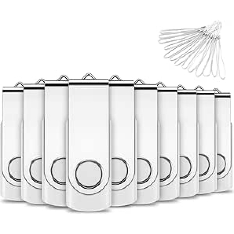 EASTBULL USB atmintinė 8 GB, 10 USB 2.0 besisukančių atminties lazdelių su 10 vienetų virvių, baltos spalvos, pakuotė