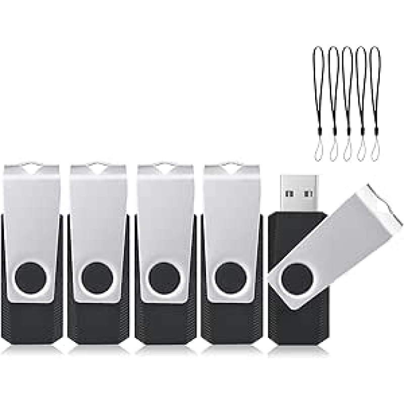 ABLAZE USB atmintinės 8 GB, 5 vnt., metalinės, pasukamos, didelės spartos USB 2.0 atmintinės (juodos spalvos)