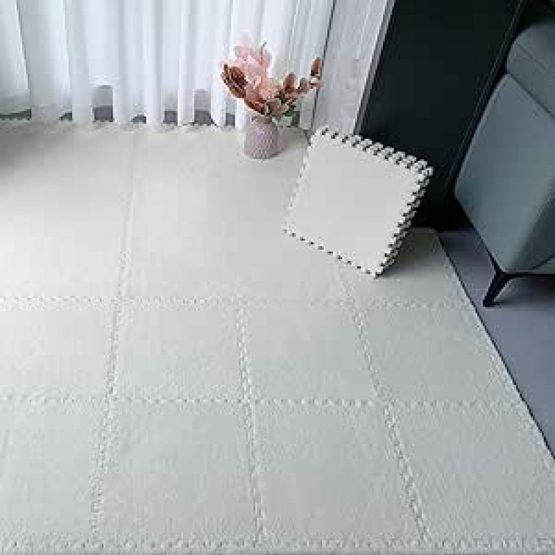 Plüsch Schaum Fußmatten Quadratische ineinandergreifende Teppichfliesen, Flauschige ineinandergreifende Schaumstoff-Fußmatten, rutschfeste Puzzle-Teppiche Schaumteppich(Bianco, 12pcs)