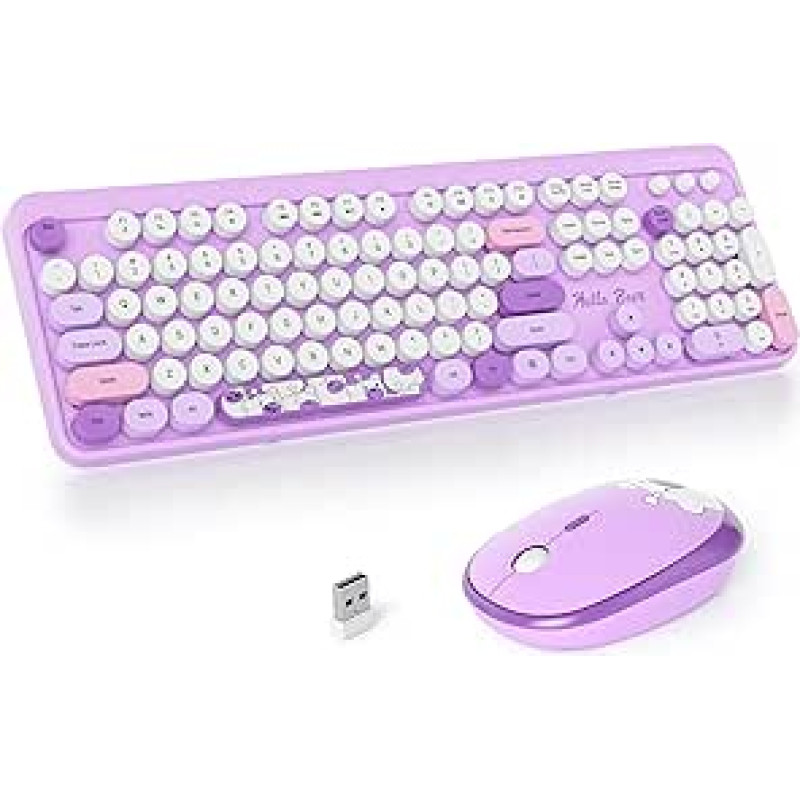 SOLIDEE belaidės klaviatūros ir pelės derinys, retro rašomosios mašinėlės klaviatūra, 2,4 GHz apvali klaviatūra su skaitmenine klaviatūra, 104 klavišų ergonomiška klaviatūra (amerikietiška QWERTY) (Bear Purple)
