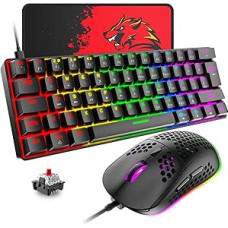 T60 Mini 60% mechaninės klaviatūros pelės rinkinys, kompaktiškas 62 klavišų, C tipo laidinis, 19 ekrano apšvietimo žaidimų klaviatūra + 6400 DPI RGB pelė + pelės kilimėlis, JK išdėstymas, skirtas kompiuteriui, nešiojamajam kompiuteriui - juodas/raudonas j