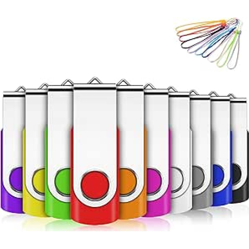 EASTBULL USB atmintinė 1GB USB 2.0 Flash Drive Besisukantis atminties laikiklis su 10 virvelių (10 spalvų, 1GB x 10 vnt.)