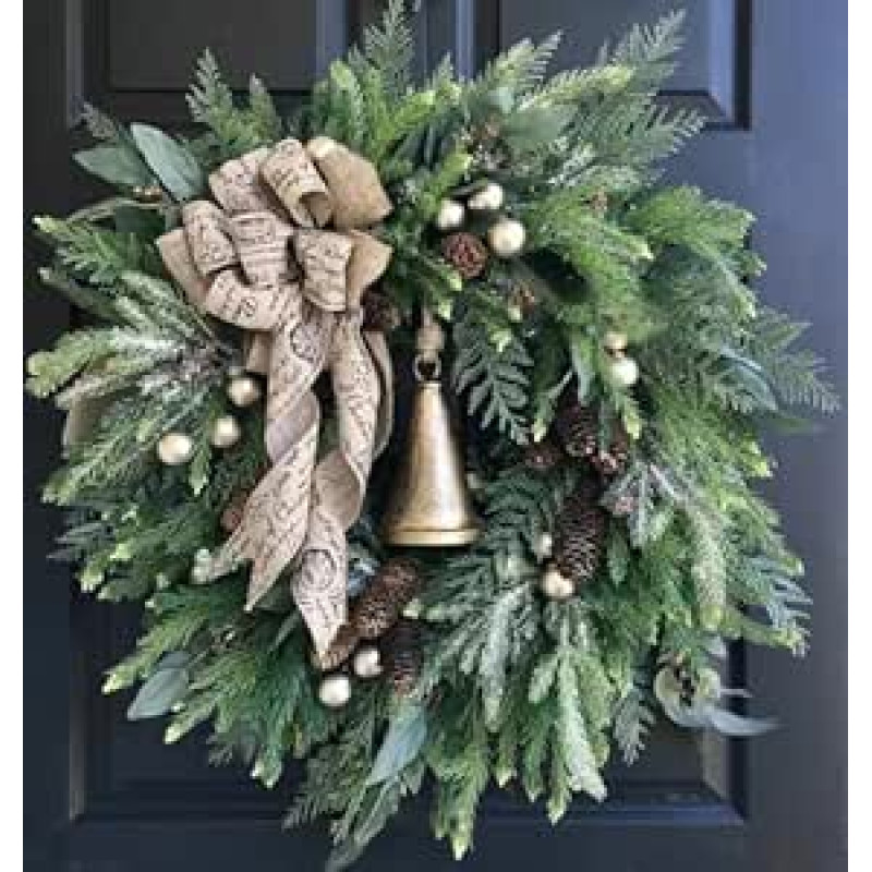 Kalėdinis vainikas, Kalėdų dekoracijos, Kalėdų vainikas, Kalėdų vainikas, Kalėdų girlianda su pušimis ir varpeliais, dirbtinis kalėdinis lauko durų vainikas (50 x 50 cm)