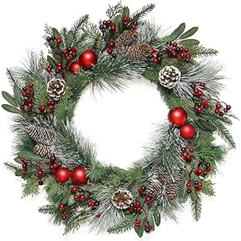 Weldomcor 60 cm kalėdinis vainikas, durų vainikas, didelė kalėdinė girlianda, eglės vainikas su kalėdinėmis puokštėmis, pušų spurgomis, uogomis, skirtas lauko durims, židiniui, sienų apdailai