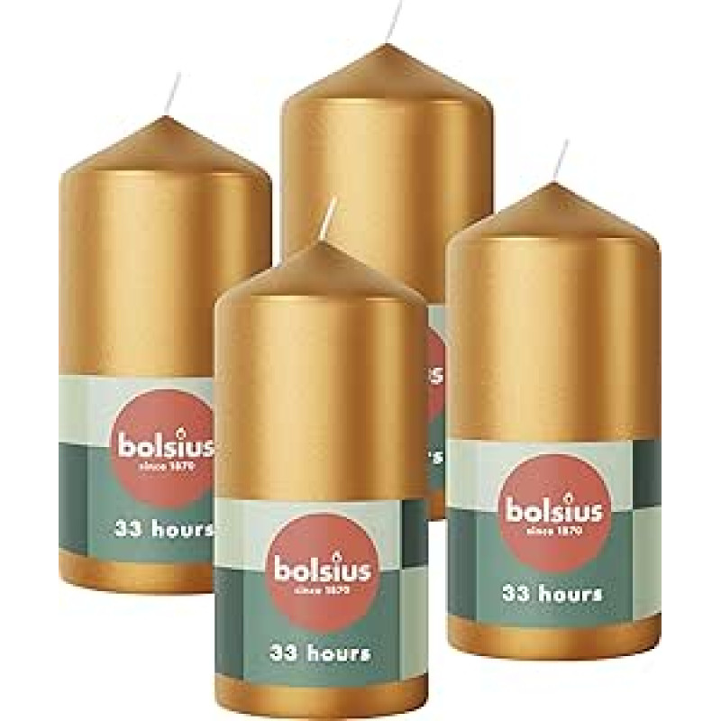 Bolsius Smooth Pillar Candles - Metallic Gold - 4 vnt. - 12 x 6 cm - Dekoratyvinės žvakės - Degimo trukmė 33 valandos - Nekvepiančios - Sudėtyje yra natūralaus augalinio vaško - Be palmių aliejaus