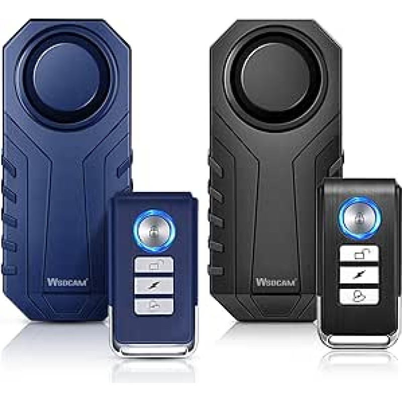 WSDCAM dviračio signalizacija 2 pakuotės 113 dB belaidė apsaugos nuo vagystės vibracijos judesio aptikimo sistema Transporto priemonių apsaugos sistema Vandeniui atspari motociklo signalizacija Dviračių signalizacija su nuotolinio valdymo pultu - juoda ir