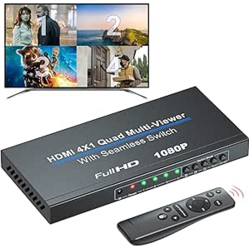 1080P HDMI Quad Multi-Viewer 4x1 su sklandžiu perjungimu, 4-in-1 Out HDMI Multiviewer Switcher su penkiais ekrano režimais