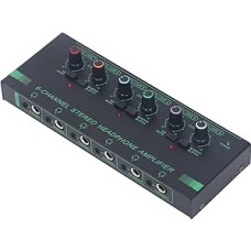 6 kanalų ausinių skirstytuvas, stereofoninių ausinių stiprintuvas, 6 x 3,5 mm ir 6 x 6,35 mm ausinių lizdai, C tipo maitinimo šaltinis, skirtas gyviems pasirodymams, įrašų studijoms