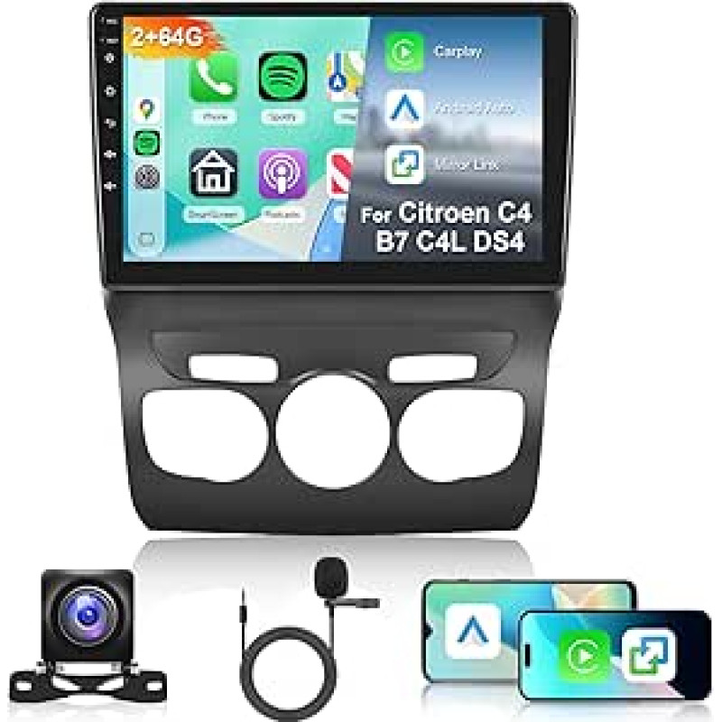 Hodozzy 2G + 64G Android automobilinis radijas Citroen C4 B7 C4L DS4 2013-2017 su belaidžiu Carplay Android automobiliu, 10 colių jutiklinis ekranas su navigacija WiFi Bluetooth Mirrorlink HiFi radijas FM/RDS Canbus gale
