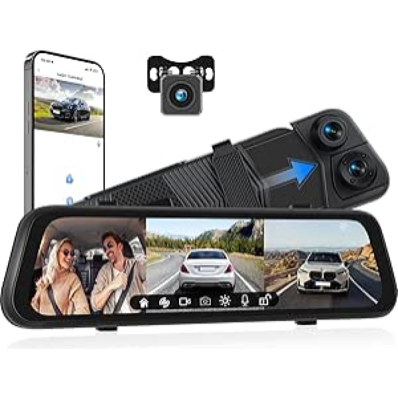 3 veidrodžių prietaisų kameros automobilio priekinė galinė dalis su programėle, 9,66 colių IPS jutiklinis ekranas, prietaisų kameros automobilio priekinė galinė dalis, G jutiklis, super naktinis matymas, parkavimo stebėjimas, kilpos vaizdo įrašas, parkavi