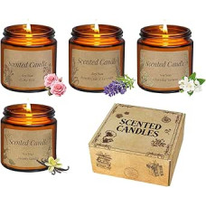 4 kvapiųjų žvakių pakuotė stiklinėje, kvapiųjų žvakių dovanos moterims, kvapiųjų žvakių rinkinys iš natūralaus sojų vaško, levandų, rožių, jazminų, vanilės, mažos dovanos Kalėdoms, gimtadieniui, motinos dienai