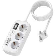 Kelioninis adapteris Indija, 3 kištukiniai lizdai ir 4 USB (2 USB-C 3.4A), greitasis įkroviklis, D tipo adapteris Indijai, Šri Lankai, Nepaliui, Irakui, Madagaskarui, Namibijai, 1,5 m ilgio laidas