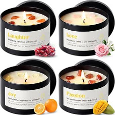 AOOVOO Crystal Energy Candles Set for Women - 4 Pack 26 oz Sojavachs Candles for Home Fragrance, 200 Hours Long Lasting Candle, Laughter Red Crystal/Love Rose Quartz/Joy Citrine/Passion Red Qu