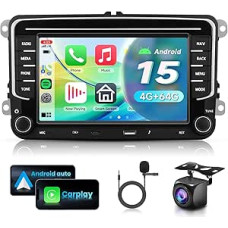4G + 64G Car Radio Android 15 for VW Golf 5 6 Passat Jetta Caddy EOS T5 Tiguan Touran CC Polo, 7 Inch HD Touchscreen with Wireless Carplay Android Car GPS Wi-Fi USB Type C Bluetooth FM RDS Camera