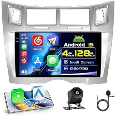 4+128G Android Car Radio with Screen for Toyota Yaris/Vizi 2005-2011 Wireless Carplay, Car Radio with Sat Nav, 9 Inch Incell Screen, Android Car/FM/RDS/Reversing Cam