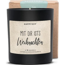 HAPPYSOY, mit dir ists Weihnachten, Sojawachs-Duftkerze, wundervoller Duft, über 60h Brenndauer, schwarzes mattes Glas, Geschenkidee zu Weihnachten für Freundin