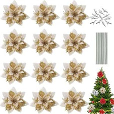 12 kalėdinių blizgučių puansetijos gėlių pakuotė, blizgučių dekoracijos kalėdinės gėlės su spaustukais + stiebai, blizgučių kalėdinių gėlių vestuvių eglutė, kalėdinių durų vainikas (aukso spalvos)