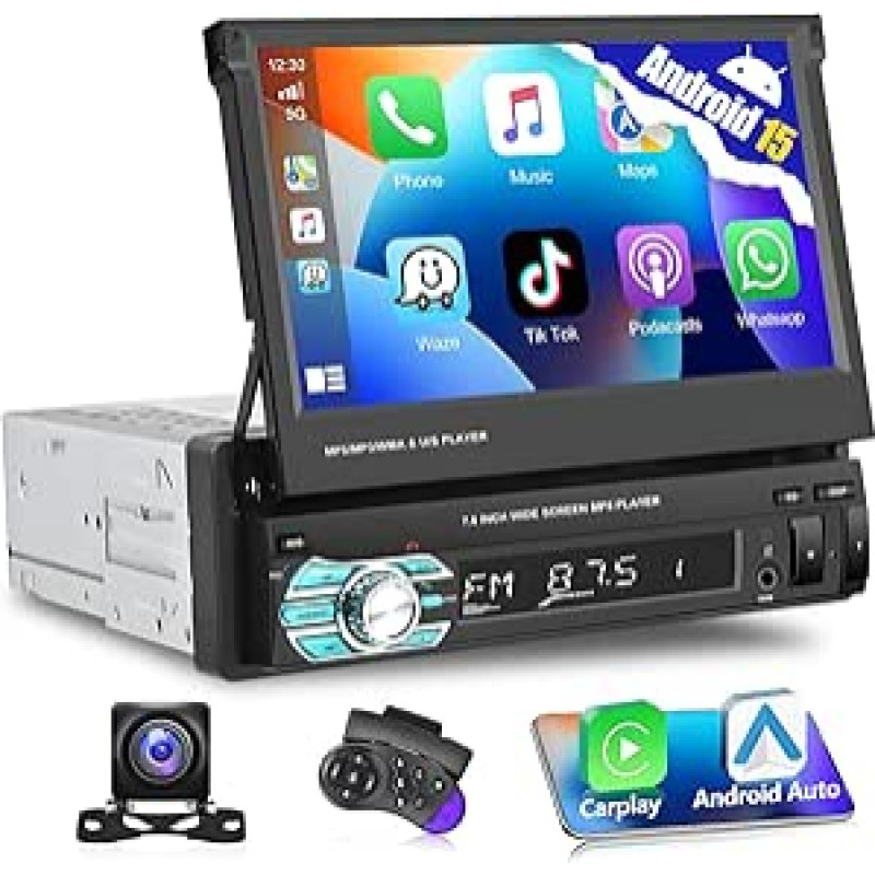 Automobilinis radijas 1DIN A-pple CarPlay radijas, 7 colių HD jutiklinis ekranas Bluetooth automobilinis radijas su Android Car, AUX, Mirror Link, nuotolinio valdymo pultelis, FM, AHD atbulinės eigos kamera
