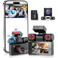 2K Dash Cam Car Front Rear with WiFi, 4 x Dash Cam 1080P Car Camera with 3 Inch IPS Screen, 24H Parking Monitoring, Night Vision, G Sensor, 360 Degree Protection, with 64G SD Card