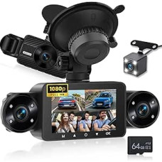 NHOPEEW 4 Channel Dash Cam 3 Inch IPS Touchscreen Front and Rear with 8 IR Night Vision Lights, Loop Recording, 24 Hours Recording, G-Sensor, Reversing Aid + 64G Memory Card