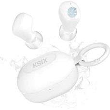 KSIX Neutron belaidės ausinės, tikros belaidės stereofoninės ausinės, daugiafunkcinis mygtukas, skambučiai, balso asistentas, įkrovimo dėžutė su karabinu, autonomija 4 val. + 16 val., USB-C, atsparios vandeniui IPX4, baltos spalvos