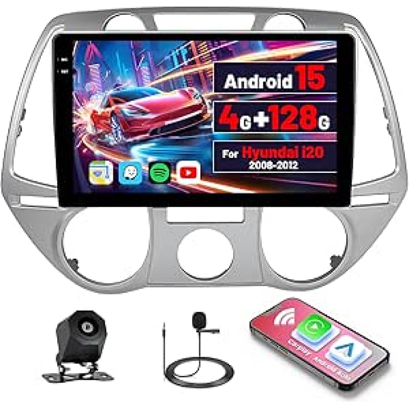 [4G+128G] Inefala Android 15 Autoradio für Hyundai i20 2008-2012 mit Wireless Carplay Android, 9 Zoll Touchscreen Radio mit Navi GPS WiFi RDS/FM Bluetooth EQ SWC Rückfahrkamera Mic