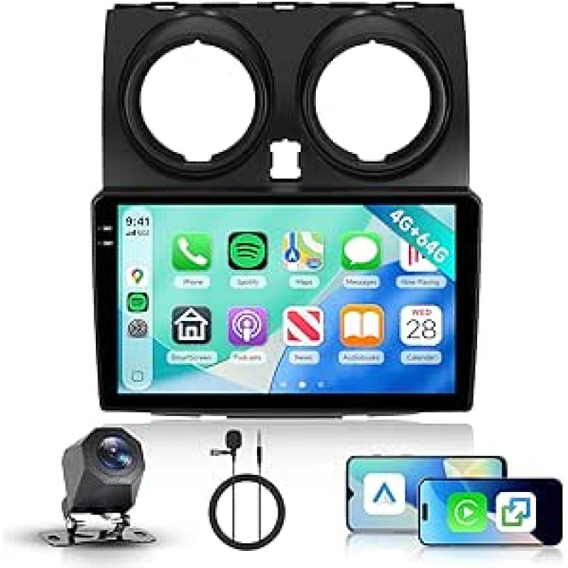 Hodozzy Automobilinis radijas 4G + 64G, skirtas Nissan Qashqai J10 2006-2016 Android 9 colių InCell jutiklinio ekrano navigacijai Carplay Belaidis Android automobilinis radijas, radijas 2 DIN Bluetooth DSP WiFi radijas FM RDS navigacija atbuline eiga