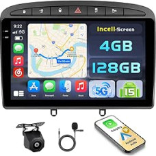 Hikity Android 15 4+128G Car Radio for Peugeot 308/408 2007-2015 with 9 Inch Incell Touch Screen, Car Radio 2DIN with Wireless Carplay Android Car, FM/RDS Radio BT GPS WiFi Reversing Camera + Mic