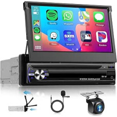 4G + 64G Android Car Radio 1 DIN Wireless Carplay with 7 Inch Manual Retractable Screen Touchscreen with Android Car WiFi Navigation GPS Mirror Link Bluetooth FM/RDS/EQ Steering Wheel Control