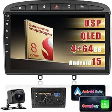 Automobilinis radijas Peugeot 308/408 2007-2015 m., įmontuotas 8 branduolių 4+64GB Android 15 Qualcomm Snapdragon lustas, 9 colių radijo imtuvas su belaidžiu Carplay Android Car GPS WiFi RDS/FM atbulinės eigos kamera Mikrofonas