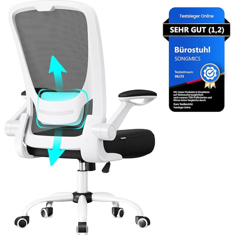 SONGMICS OBN37WT Ergonominė biuro kėdė iš drobės, paminkštinta juosmens atrama, supamasis mechanizmas, 53 cm pločio sėdynė, atlenkiami porankiai, juodai balta