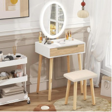 YU YUSING Dressing Table with Lighting, Dressing Table with LED Mirror Chair, Dressing Table, Cosmetic Table with Drawers, Stool Adjustable Brightness, Dressing Table, Vanity, Oak