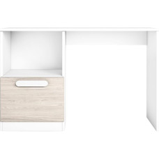 Schreibtisch mit 1 Tür und einem offenen Fach, PC-Tisch für Homeoffice Büro & Arbeitszimmer. Maße: 100 x 74 x 42 cm (Breite x Höhe x Tiefe). Oberflächen Mattweiß und Sand.