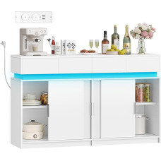 Hzuaneri SC00403XEU Spintelė su 4 stalčiais, virtuvės spintelė su 4 stumdomomis durimis, bufetinė spintelė su maitinimo juosta ir LED apšvietimu, reguliuojama lentyna, virtuvė, svetainė, 40 x 140 x 85 cm, balta