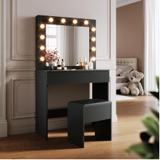 SONNI Dressing Table, 80 x 40 x 140 cm, Cosmetic Table, Dressing Table with Stool, LED Lighting, Drawers and Mirror with 10 Adjustable Brightness, 3 Colours, Chest of Drawers for Bedroom, Black