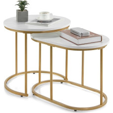 GIANTEX 2 šoninių staliukų rinkinys Marmurinis auksinis kavos staliukas Sofos staliukas Įvairių dydžių svetainės stalas Sulankstomas kavos staliukas Stalas Šiuolaikinio dizaino naktinis staliukas Auksinis metalinis rėmas