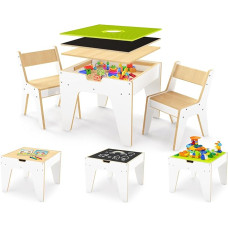 wingyz Children's Table with 2 Chairs, Wooden Children's Table Chair Set, Children's Seating Set with Storage Space, 4-in-1 Activity Table Set with Double-Sided Building Block Base and Board Surface