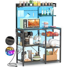 Aheaplus Baker's Rack with Socket and LED Fairy Lights, Microwave Stand, Kitchen Shelf with Wire Basket, Coffee Bar, Station, Island Table with 10 Hooks for Spices, Pots, Black Oak