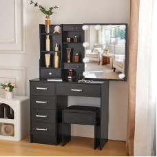 Tualetinis staliukas su LED apšvietimu, veidrodžiu ir taburete, 3 spalvų temperatūros ir reguliuojamo ryškumo, juodas, 36 x 80 x 131 cm (2 rankenų komplektai)