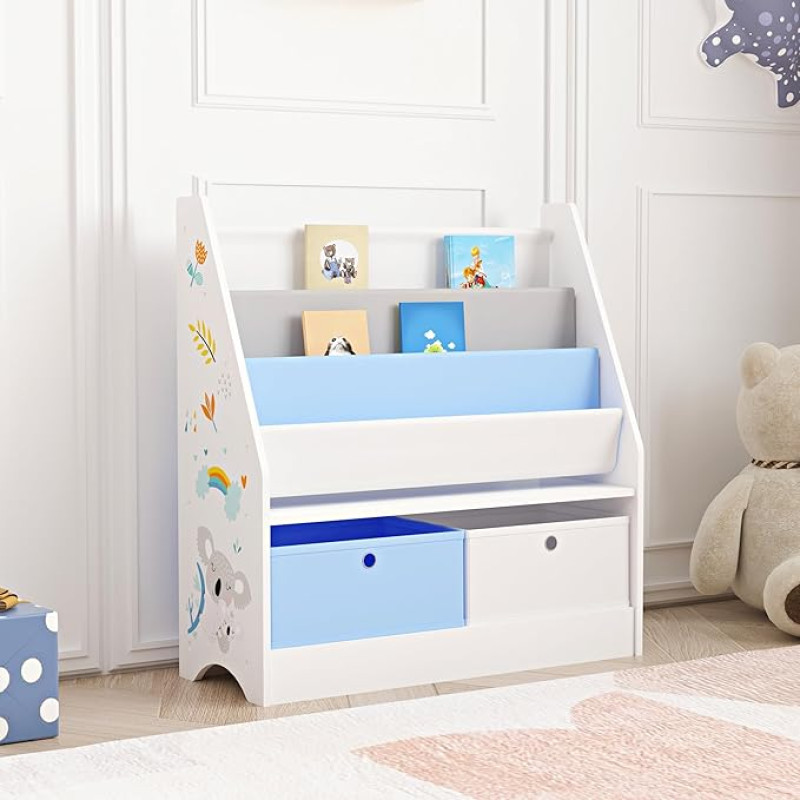 [en.casa] Neda Children's Bookcase with 3 Shelves Koala Motif Toy Storage Shelf with 2 Folding Boxes Children's Room Shelf Standing 74 x 71 x 23 cm White/Grey/Blue