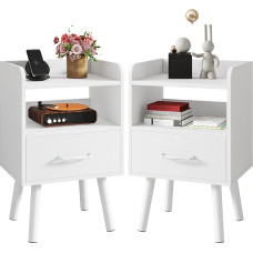 YMYNY 2 naktinių staliukų rinkinys, medinis sofos staliukas su stumdomu medžiaginiu stalčiumi, atviras skyrius, medžio masyvo kojos, 39 x 29 x 63 cm, skirtas miegamajam, svetainei, baltas, HST021W-2