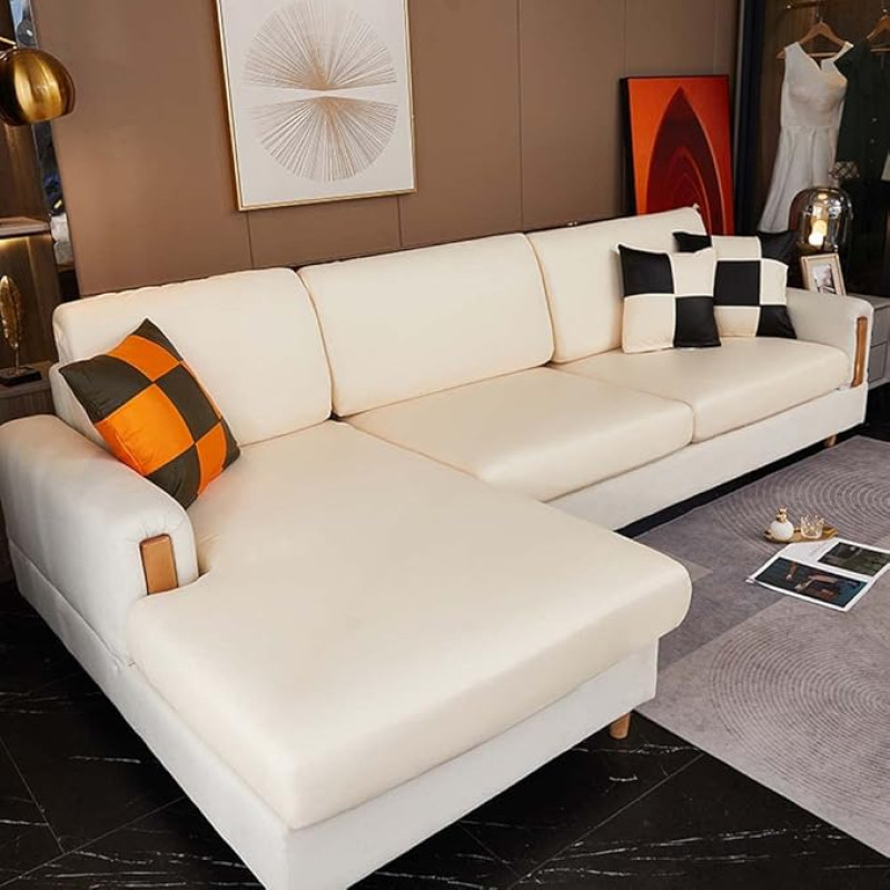 SJH Luxury PU Leather Sofa Slipcover 2/3/4 Seater Waterproof Stretchy Elastic Couch Protector Furniture Protector for Pets Kids (White)
