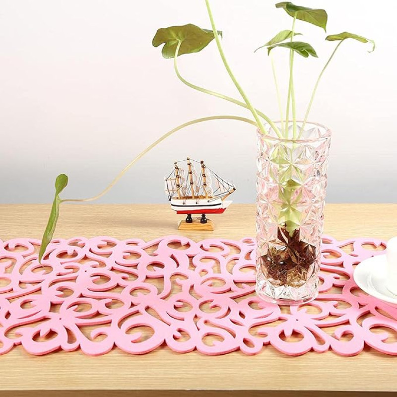 Bendrasis Rechteckiges Filz-Tischdeckenläufer-Tischsets-Set, Elegante Tischsets mit Blumenmuster für die Heimdekoration, Filz- für den Esstisch (PINK)