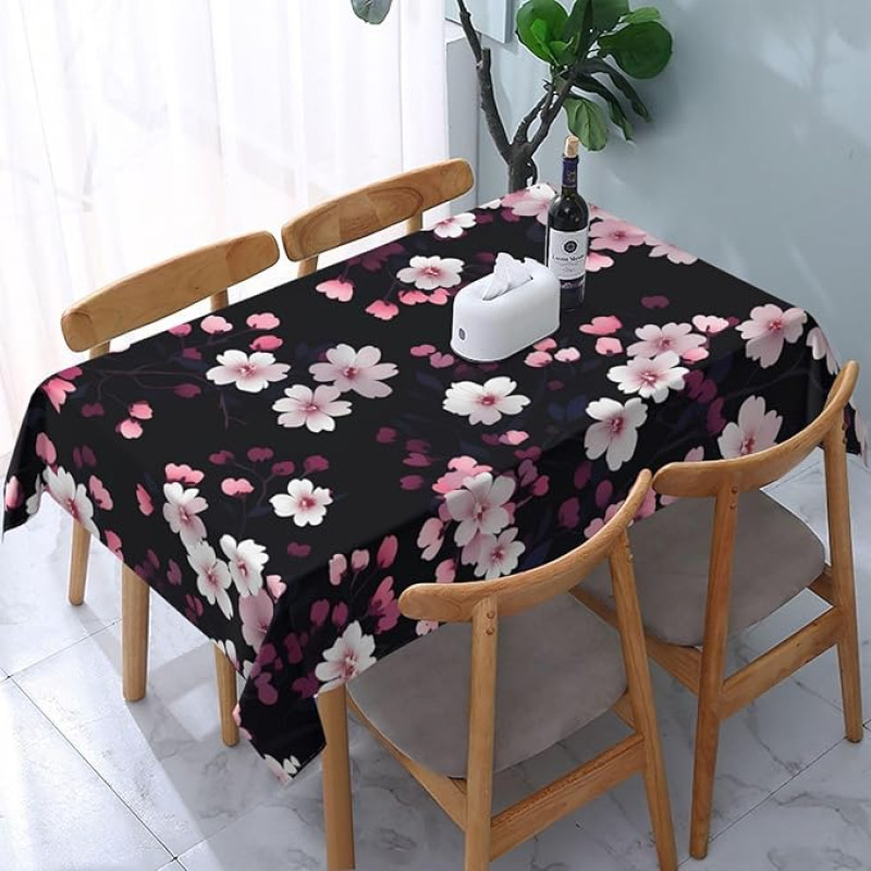 Nuvalykite švarią stačiakampio formos staltiesę 60 x 120 colių (150 x 305 cm) Sodo staltiesė su vyšnių žiedų motyvu, dekoratyvinė stalo apdaila virtuvei, valgomajam kambariui, lauko patalpoms, atspari oro sąlygoms