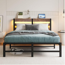 120 x 200 cm lova su LED, metalinė lova su USB įkrovimo stotele ir mediniu galvūgaliu su laikymo vieta, svečių lova, jaunimo lova, dvigulės lovos rėmas su laikymo vieta po lova, senovinė ruda spalva