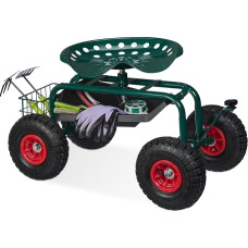 Relaxdays Moveable Garden Seat Height Adjustable 150kg Storage Space Rolling Seat for Gardening Steel Pneumatic Tyres Green