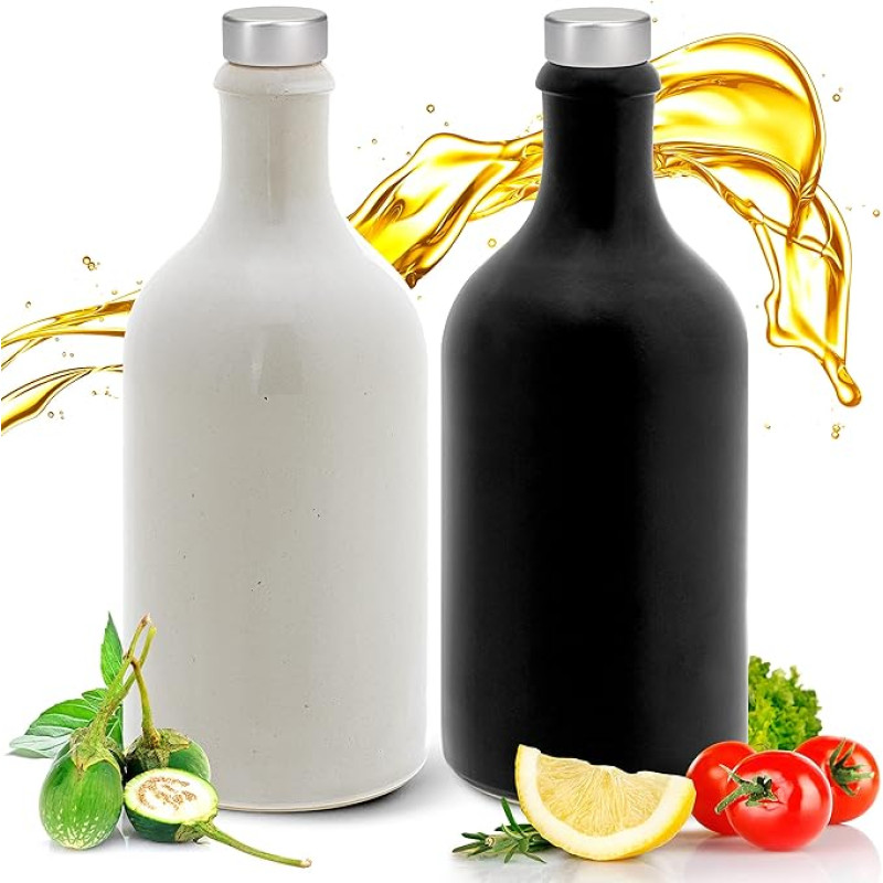 Gurmaniški acto ir aliejaus buteliai su snapeliu, pagaminti Vokietijoje, rankų darbo, išskirtiniai akmens masės buteliai, unikalūs, nesenstantys ir elegantiški. Sidabrinės prabangios spalvos piltuvėlis (2 x 500 ml, juoda/balta)