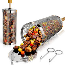 Rolling Grill Basket Set, Stainless Steel 304 Nestable Barbecue Accessories with Removable Wooden Handle, Perfect Men's Gift for Father, Mother, Friend, Outdoor Kitchen Accessories, Grill, Vegetables