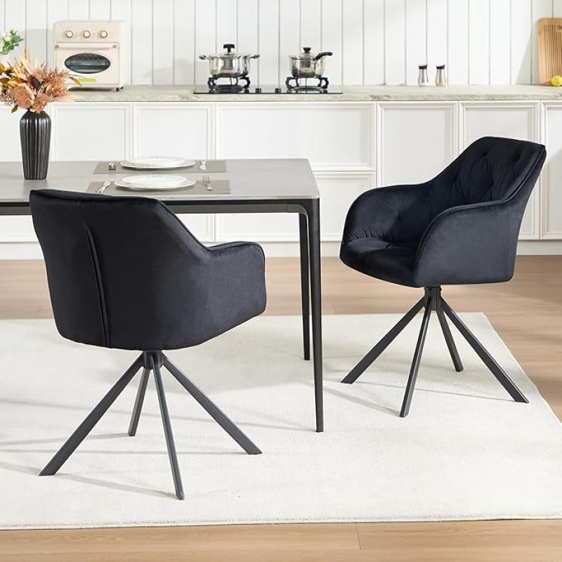 Sukamosios valgomojo kėdės, 2 komplektai, virtuvės kėdės, modernios minkštos kėdės, foteliai su atlošu, aksomo paminkštinimas, metalinės kojos, juodos spalvos