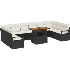 11-teiliges Garten Sofa Set mit Kissen Schwarz Poly Rattan Akazie, 2-Sitzer Garten Sofa mit Kissen Schwarz Poly Rattan Gartenlounge Model3349760